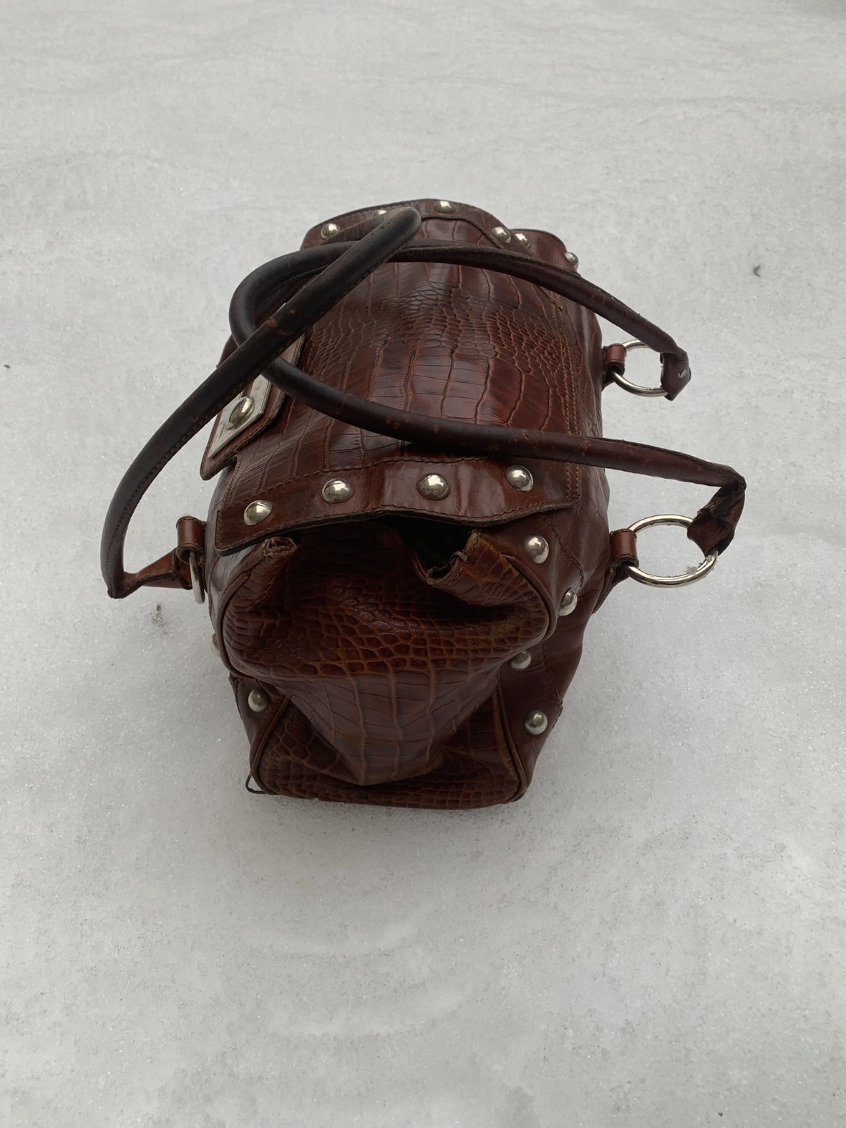 Vintage Dolce & Gabbana Brown Croc Leather Satchel Bag Studded AS IS Repair