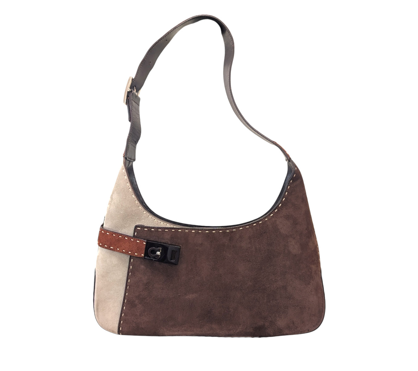Salvatore Ferragamo Gancini Shoulder Bag Suede Leather Brown