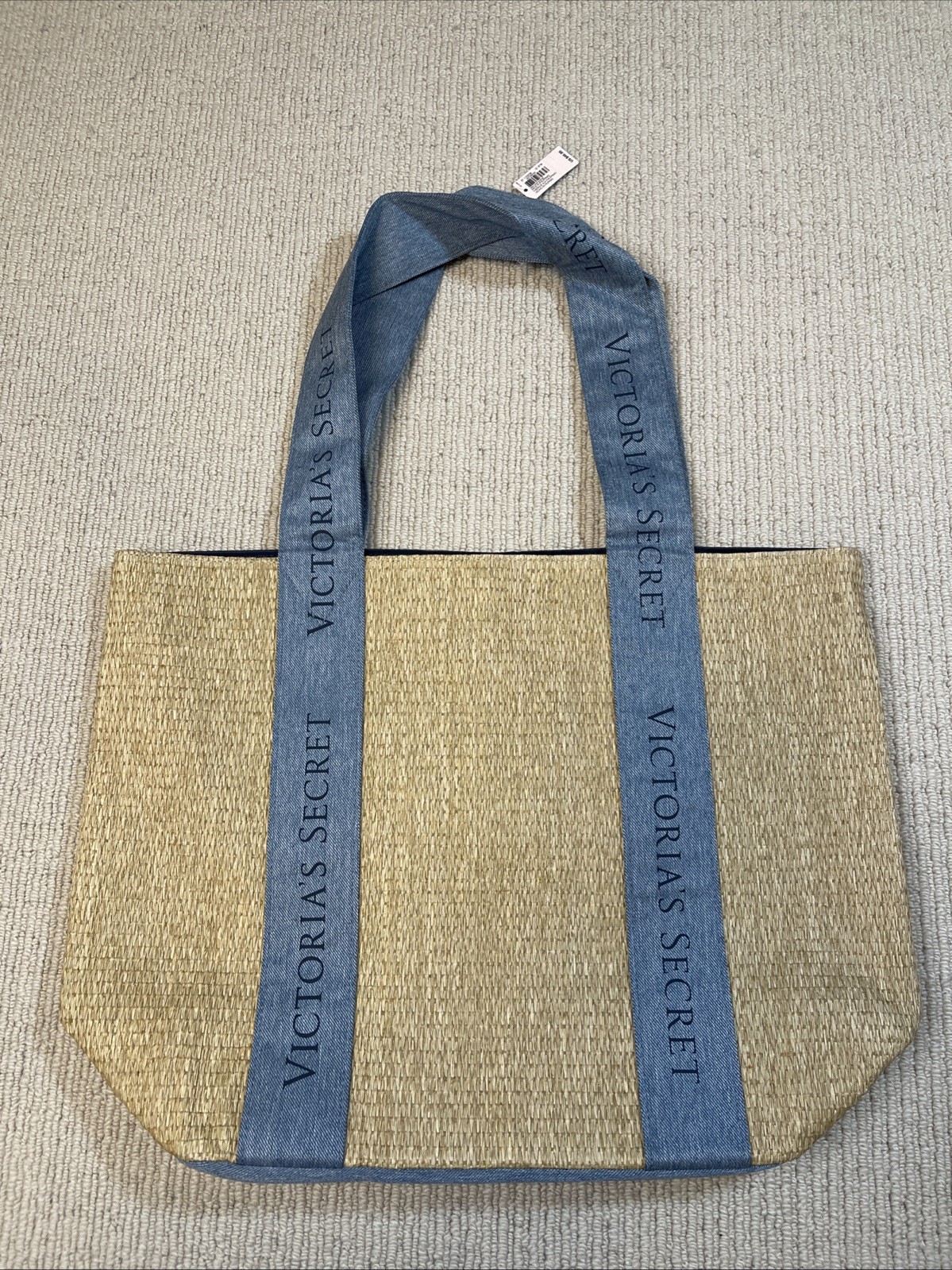 Victoria’s Secret Straw Beach Tote Bag Large Weekender Travel Blue Denim