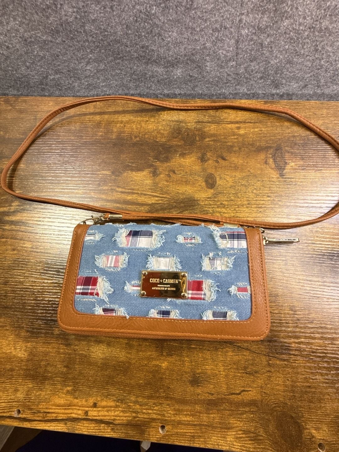 Coco + Carmen Distressed Denim and Plaid Patchwork Crossbody Wallet