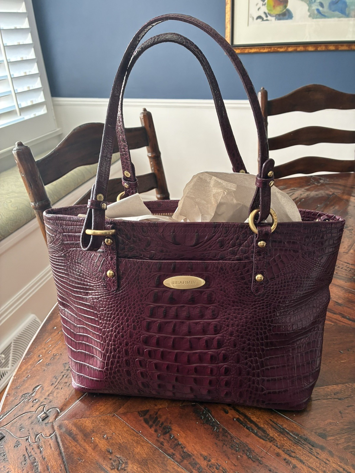 Brahmin Melbourne Purple ( plum) Crocodile-Embossed Leather Satchel Purse