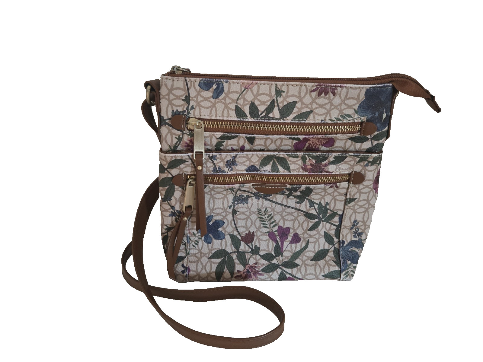 Brown Crossbody Handbag with Pattern of Blue and Purple flowers