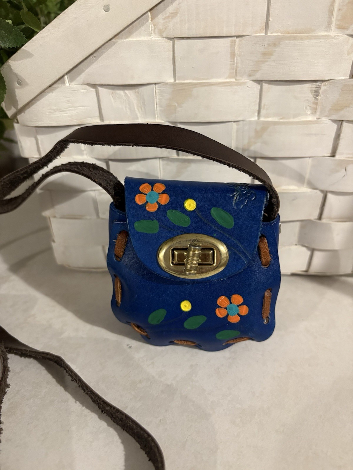 Floral Handmade Painted Mini Purse Made in Mexico Leather Blue Orange Flowers