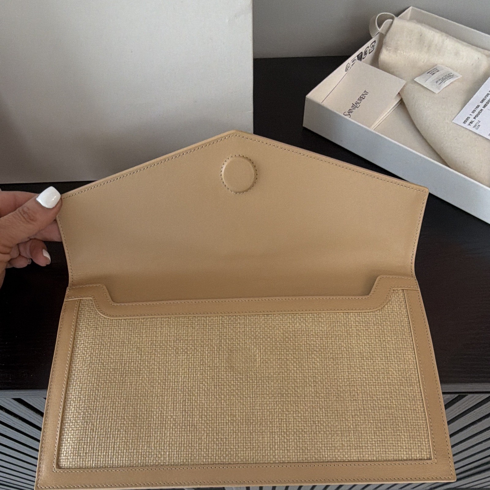 Saint Laurent YSL Medium Beige Clutch Gold Logo Magnetic Close Dust Bag Card