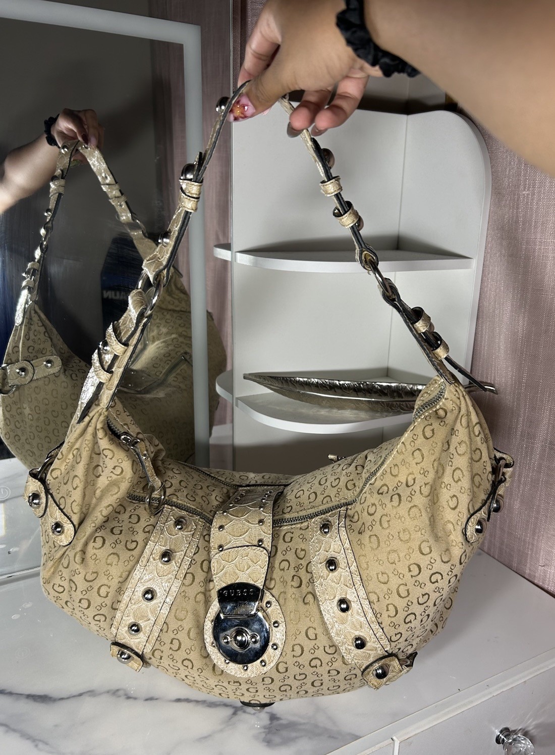 Vintage Beige Guess Bag Monogram Pattern Slouchy Shoulder Bag