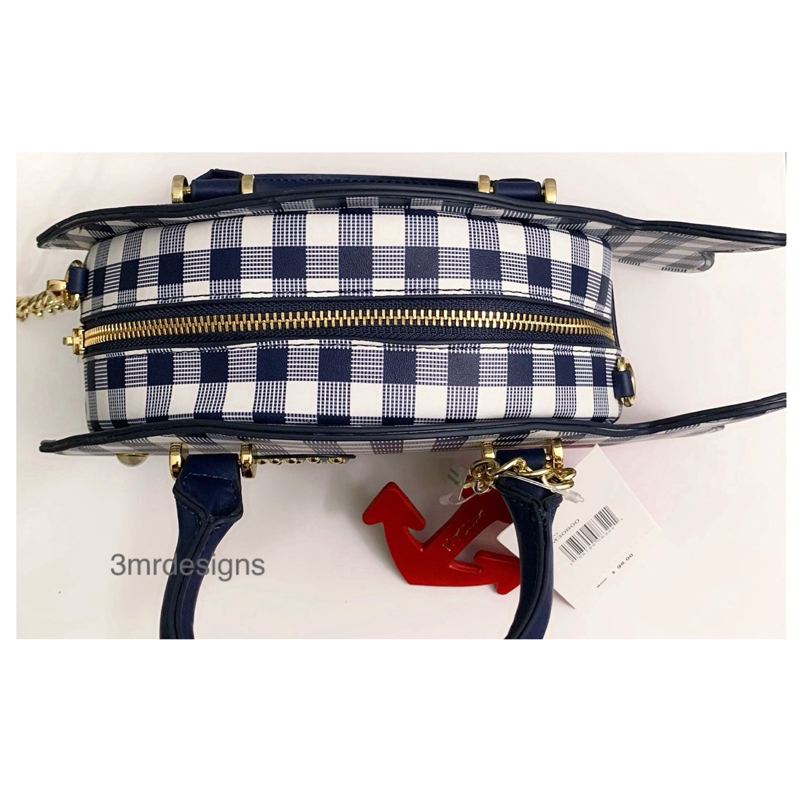 NWT Betsey Johnson FISH Faux Leather Navy Blue Gingham Patterns Crossbody Bag