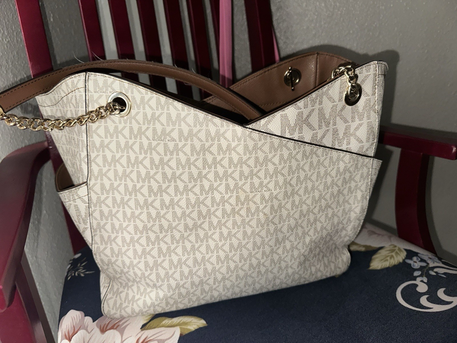 Michael Kors Monogram Large Tote Zip Closure Chain Strap Gold Hardware Beige
