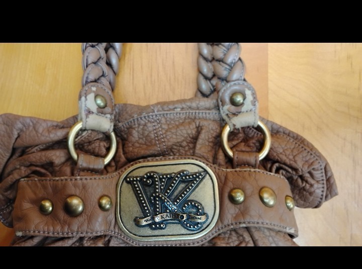 Kathy Van Zeeland Brown Pebbled Satchel Zip Studded Floral Lined Pockets