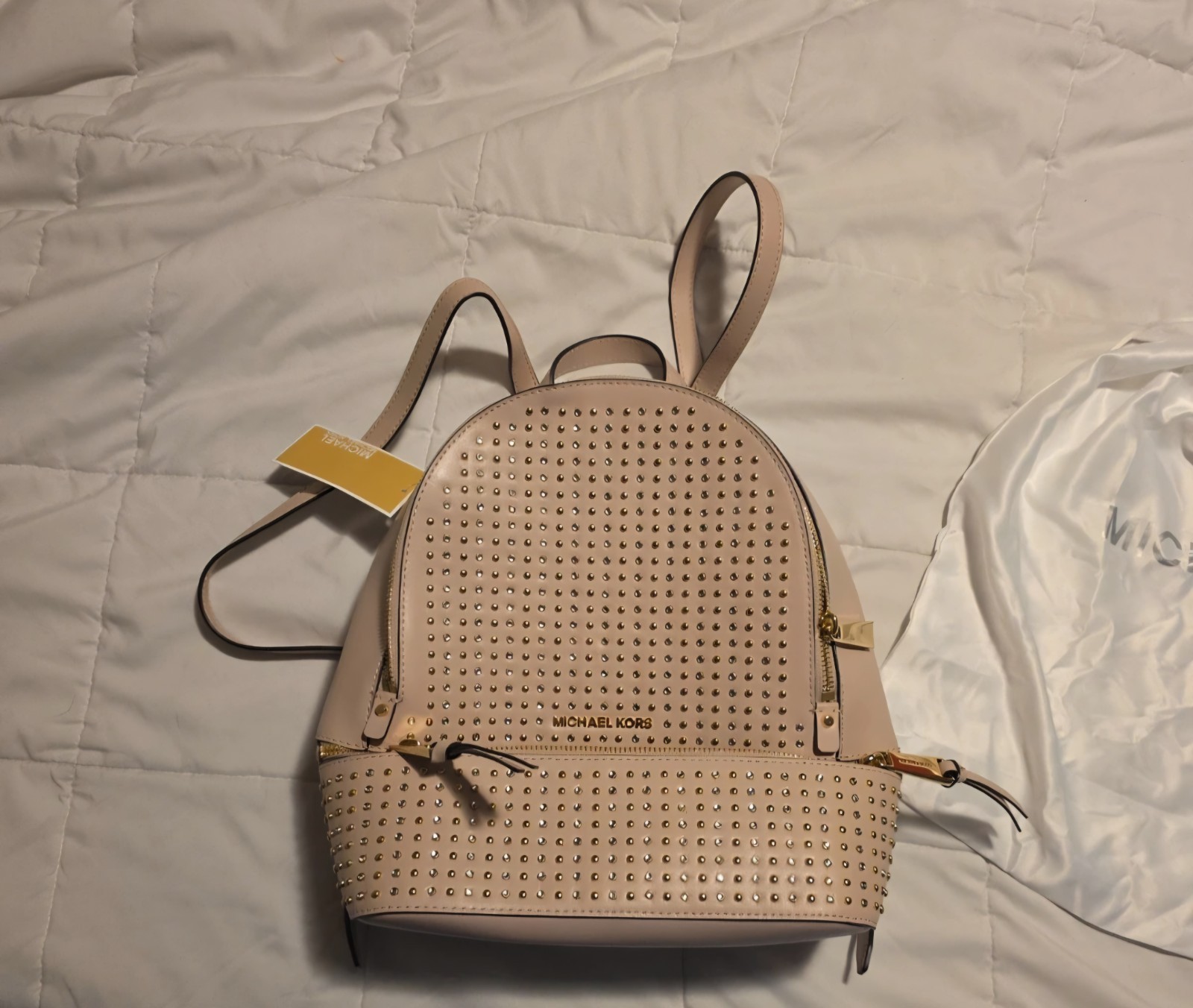 Michael Kors Soft Pink Studded Backpack Zip Closure Gold Hardware Inner Pockets
