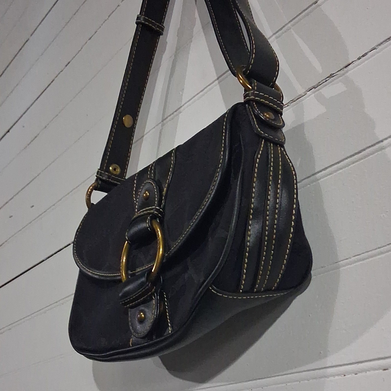 Chaps Black Logo Crescent Shoulder Bag Gold Hardware Magnetic Close