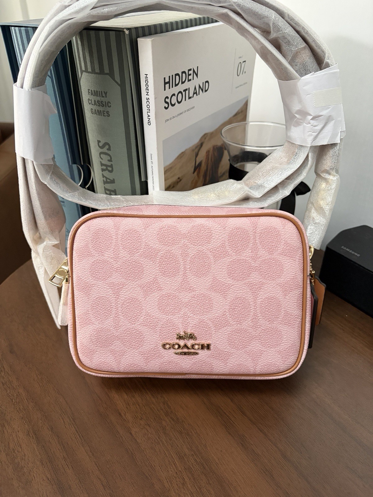 NWT Coach CEK74 Mini Carey Crossbody Bag Signature Leather Charms Powder Pink