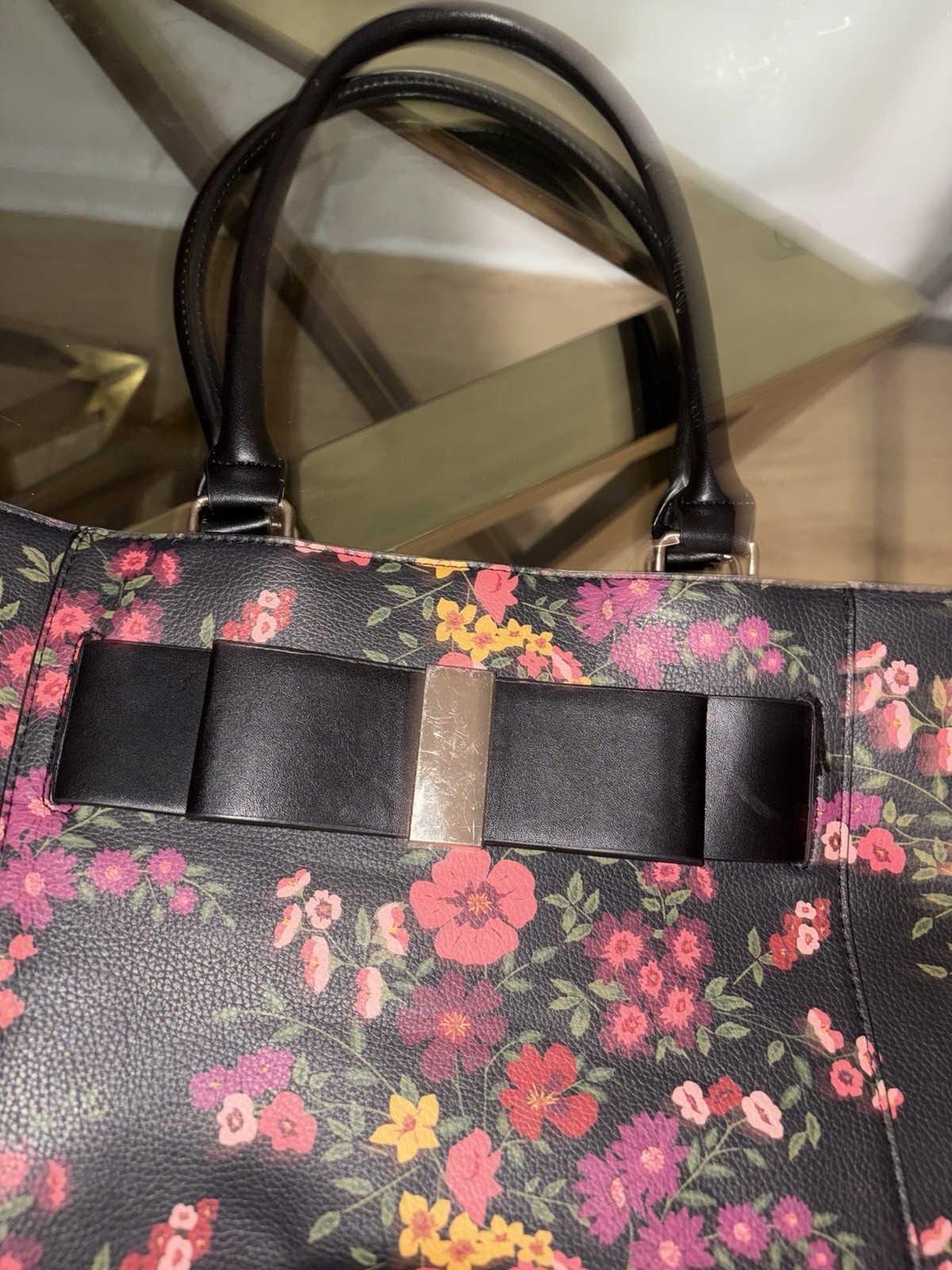 Apt. 9 Floral Satchel Top Handle Bag Black Multicolor Zip Bow Silver Hardware