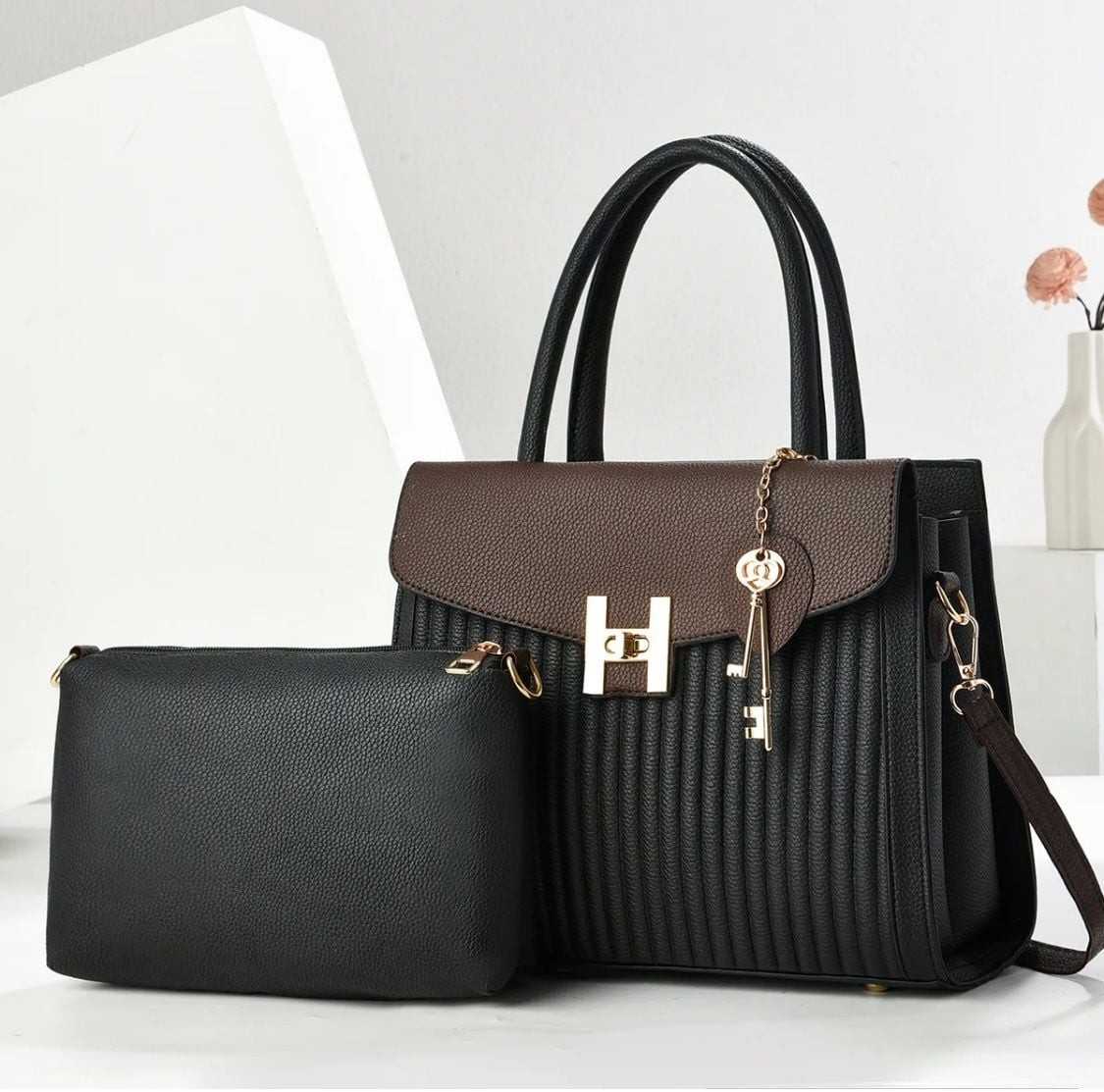Women’s Structured Top Handle Satchel with Matching Pouch and Key Charm