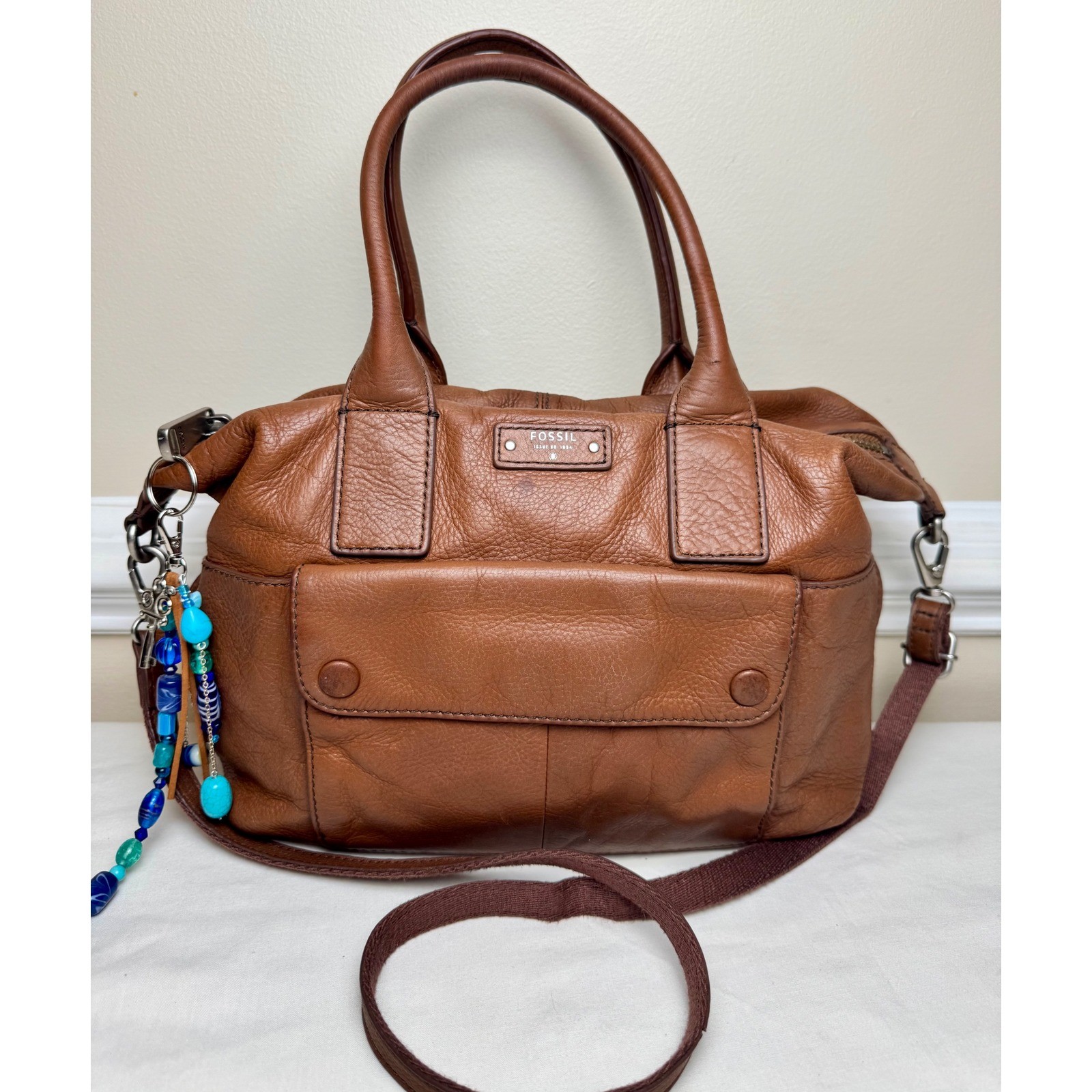 Fossil Brown Glove Tan Leather Blake Satchel Crossbody Bag Purse Distressed