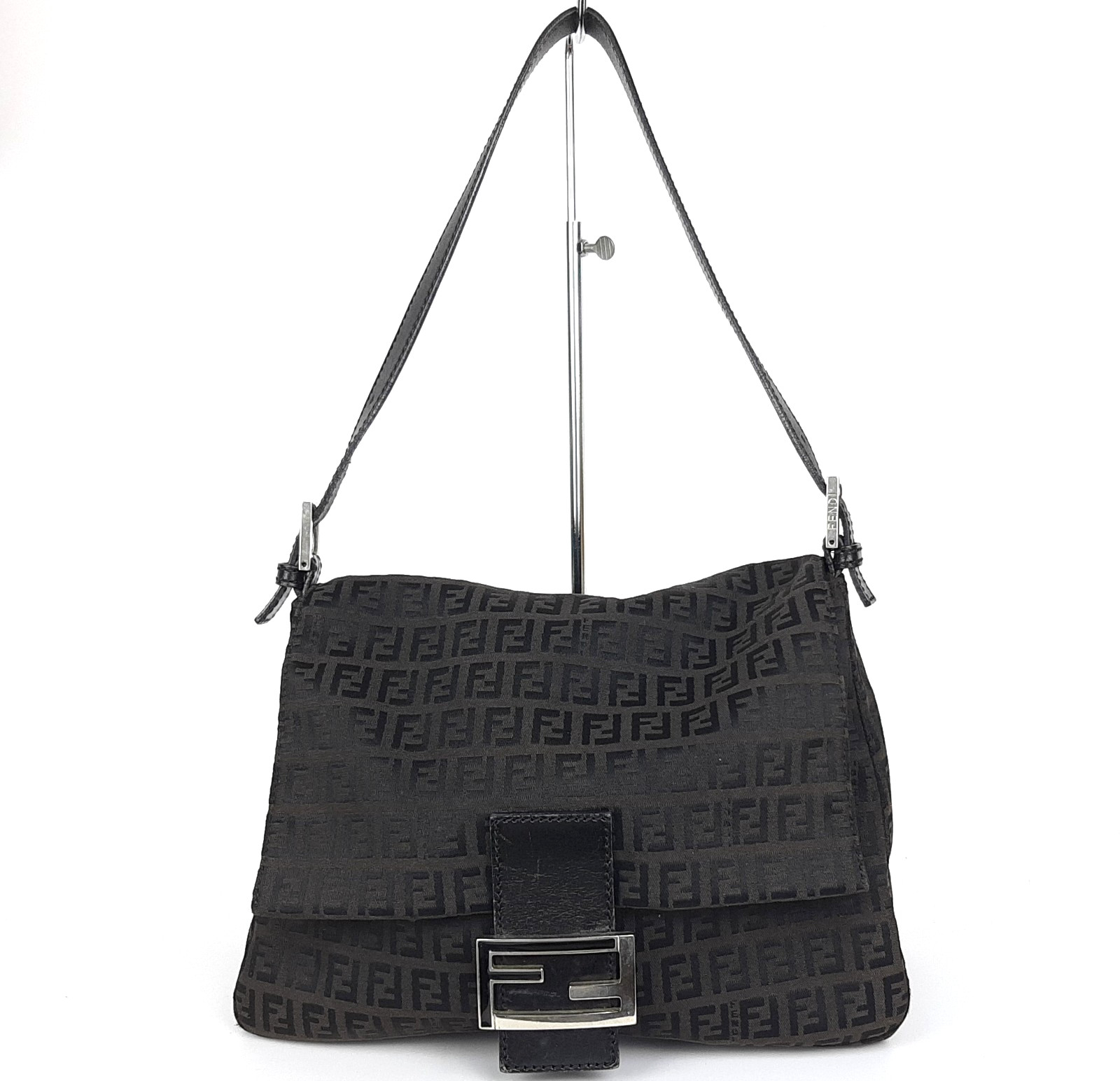 FENDI Mamma Baguette Zucchino One Shoulder Hand Bag Black Canvas Leather