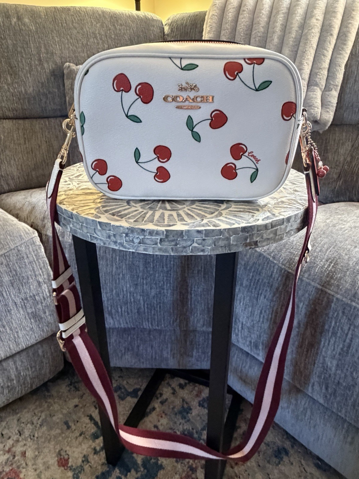 Coach CF120 Cherry Print Camera Crossbody Bag White Leather Wide Strap EUC
