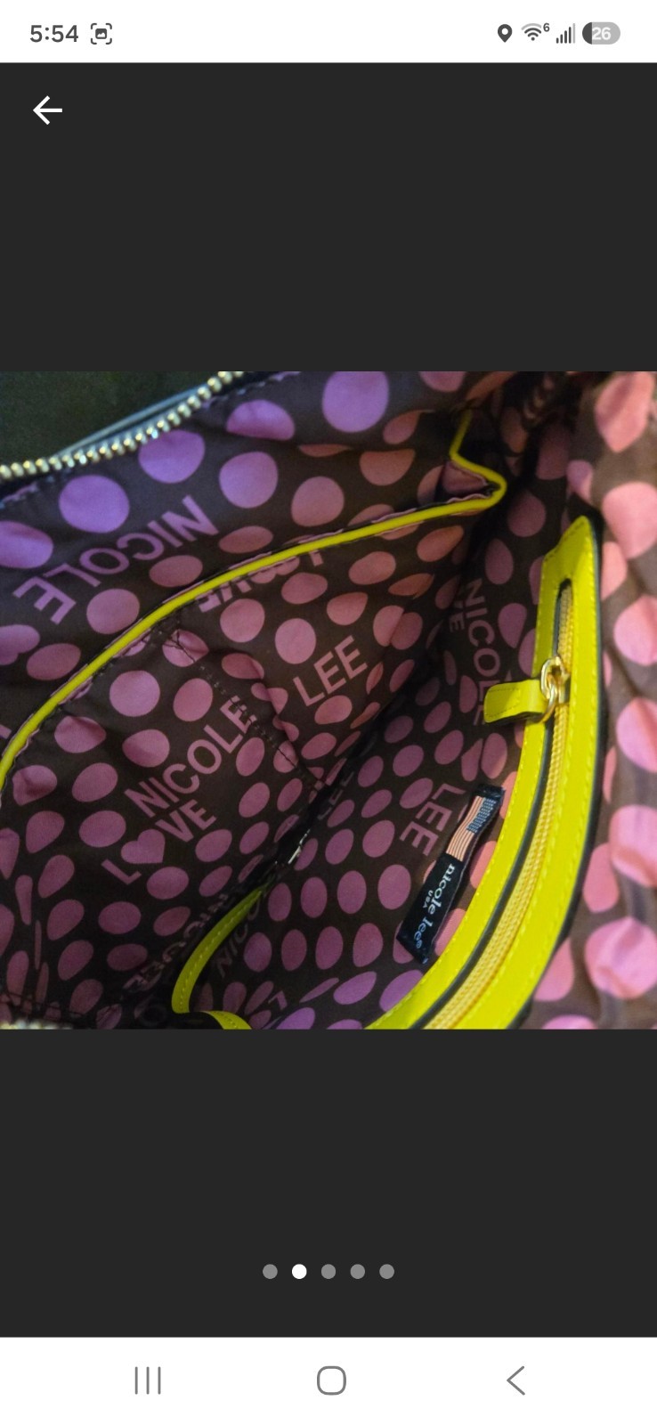 Nicole Lee Yellow Shoulder Bag Zip Closure Polka Dot Lining Inner Pockets