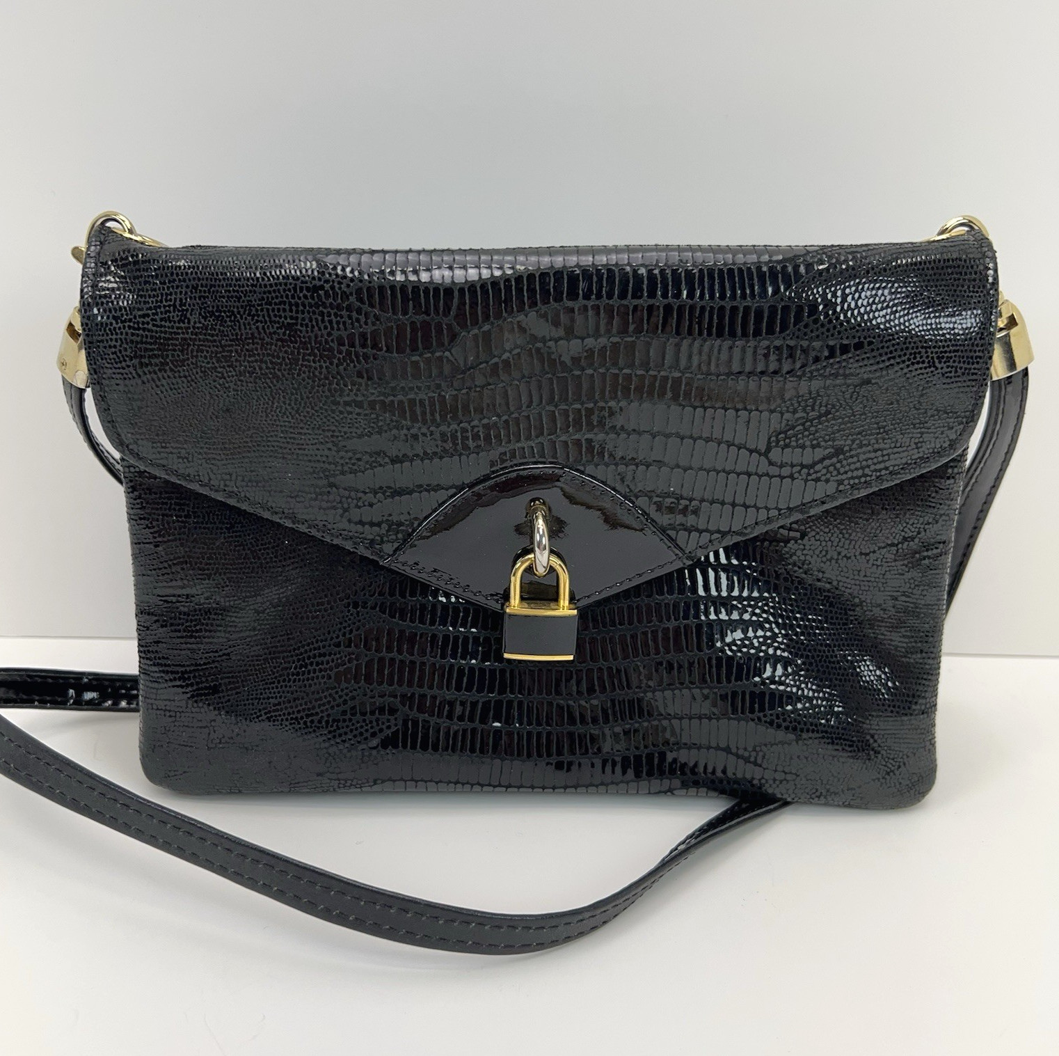Vtg DUE FRATELLI Leather Purse Black Croc Embossed Crossbody Clutch Bag Classic