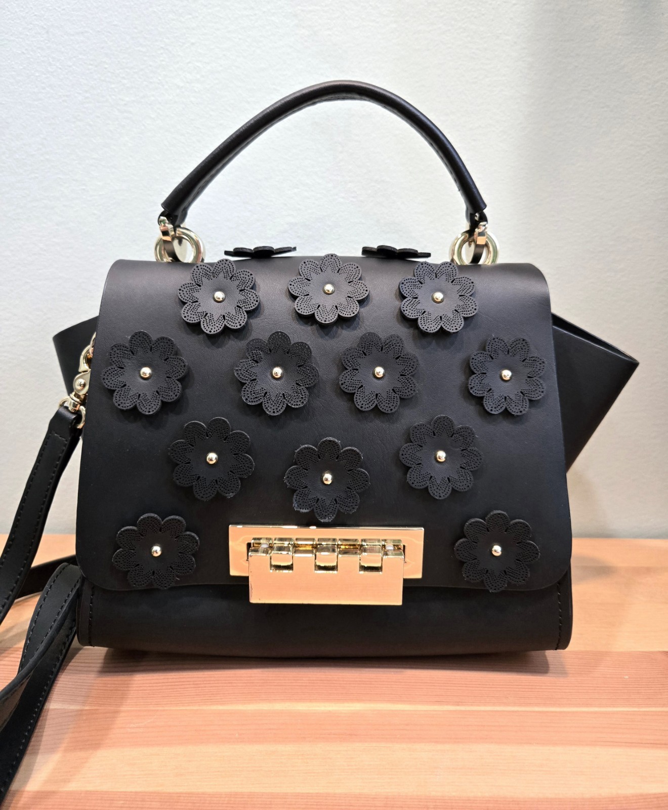 ZAC Zac Posen Eartha Iconic Floral Leather Satchel Bag Black Gold-tone Hardware