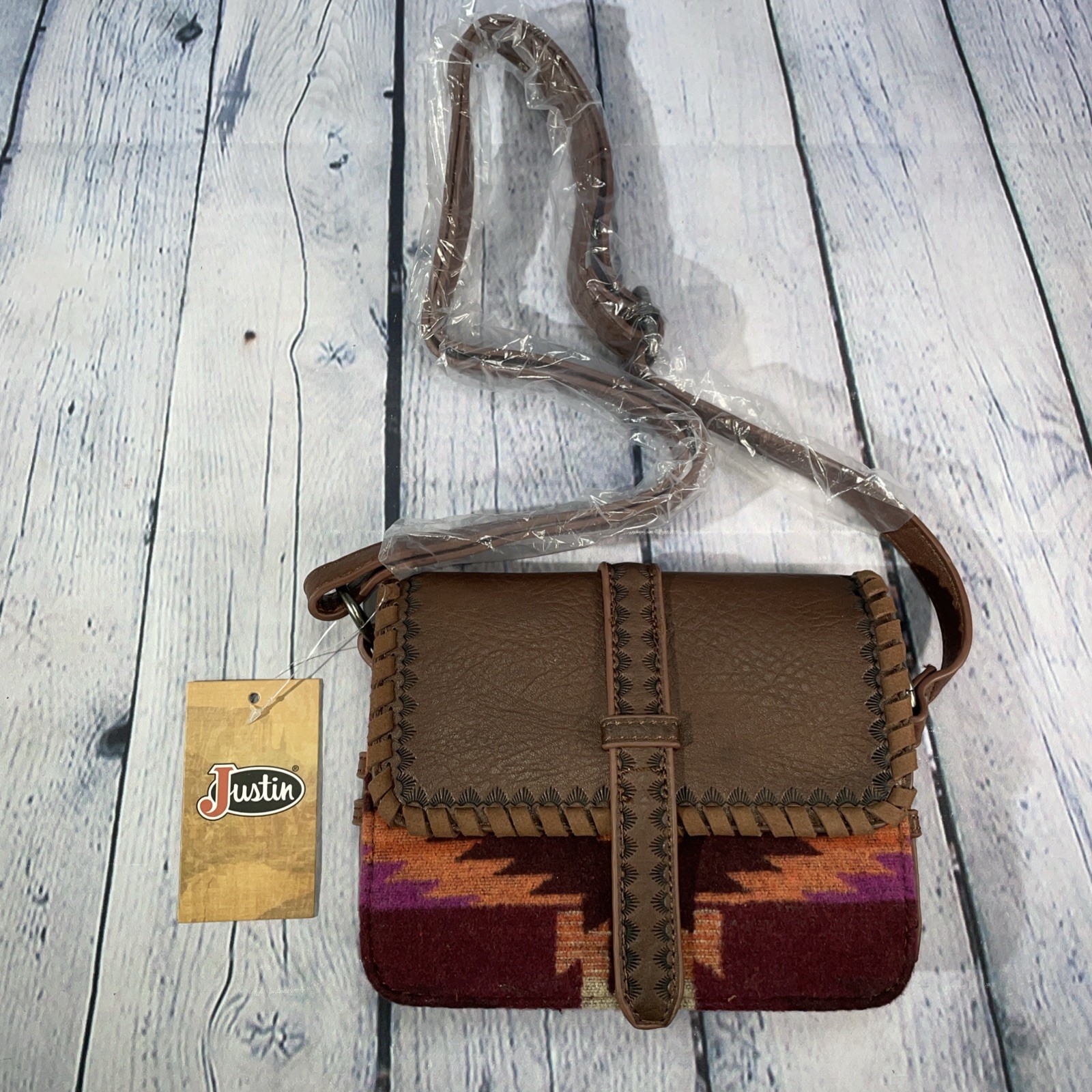 Justin Boots Western Small Crossbody Purse Aztec Blanket Whipstitch Leather