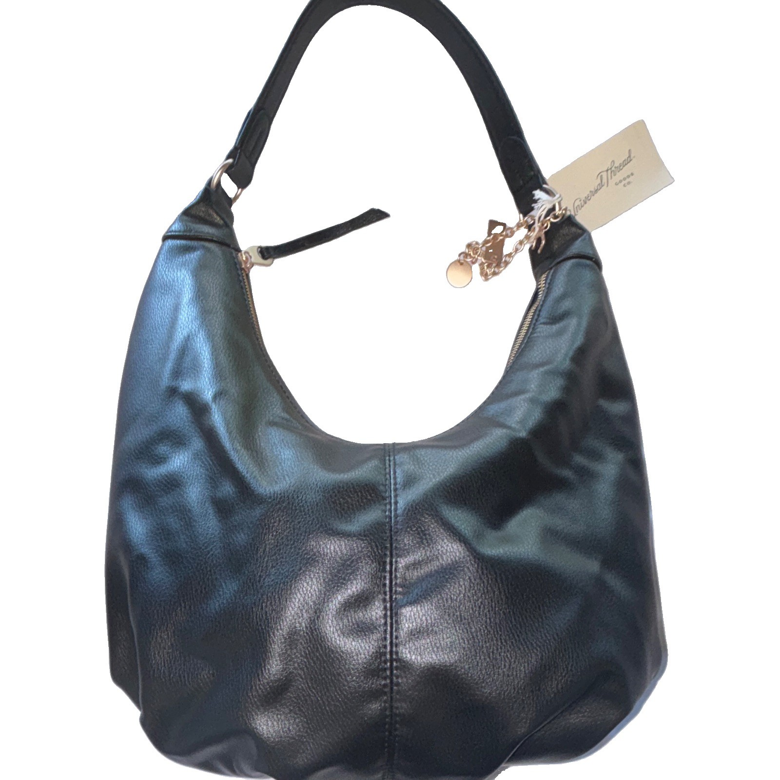 Universal Thread Black Pebbled Crescent Hobo Zip Bag, Gold Hardware, Pockets
