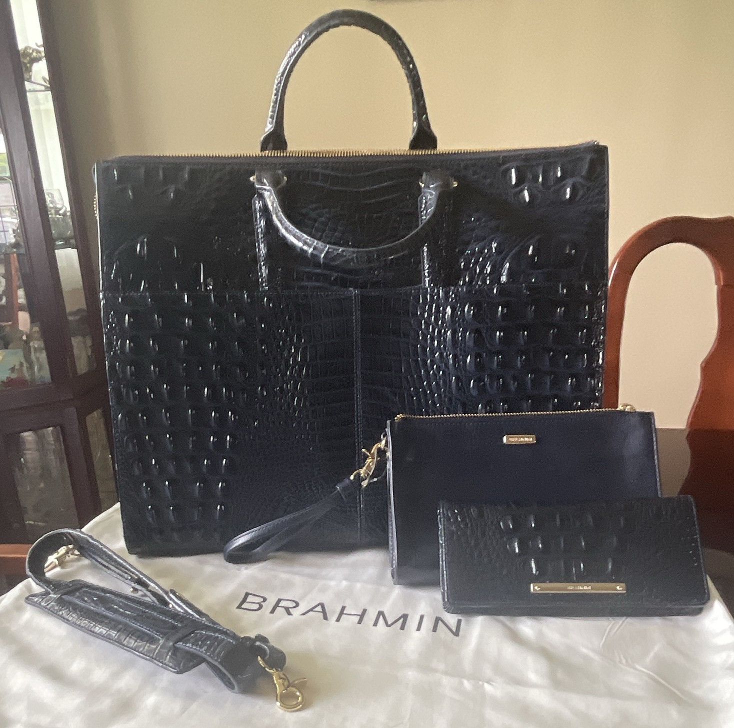Brahmin Black Crocodile-Embossed Large Satchel Zip Tote w/ Detachable Strap