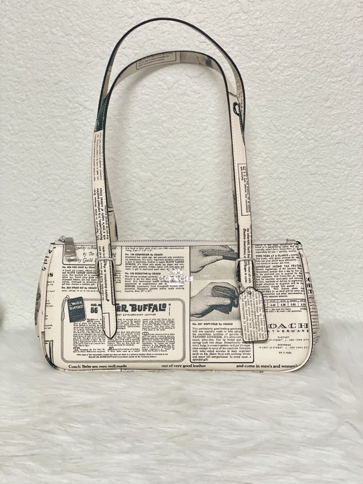 NWT Coach Asher Newspaper Print Shoulder Bag CDC11 In Silver/Chalk Multi