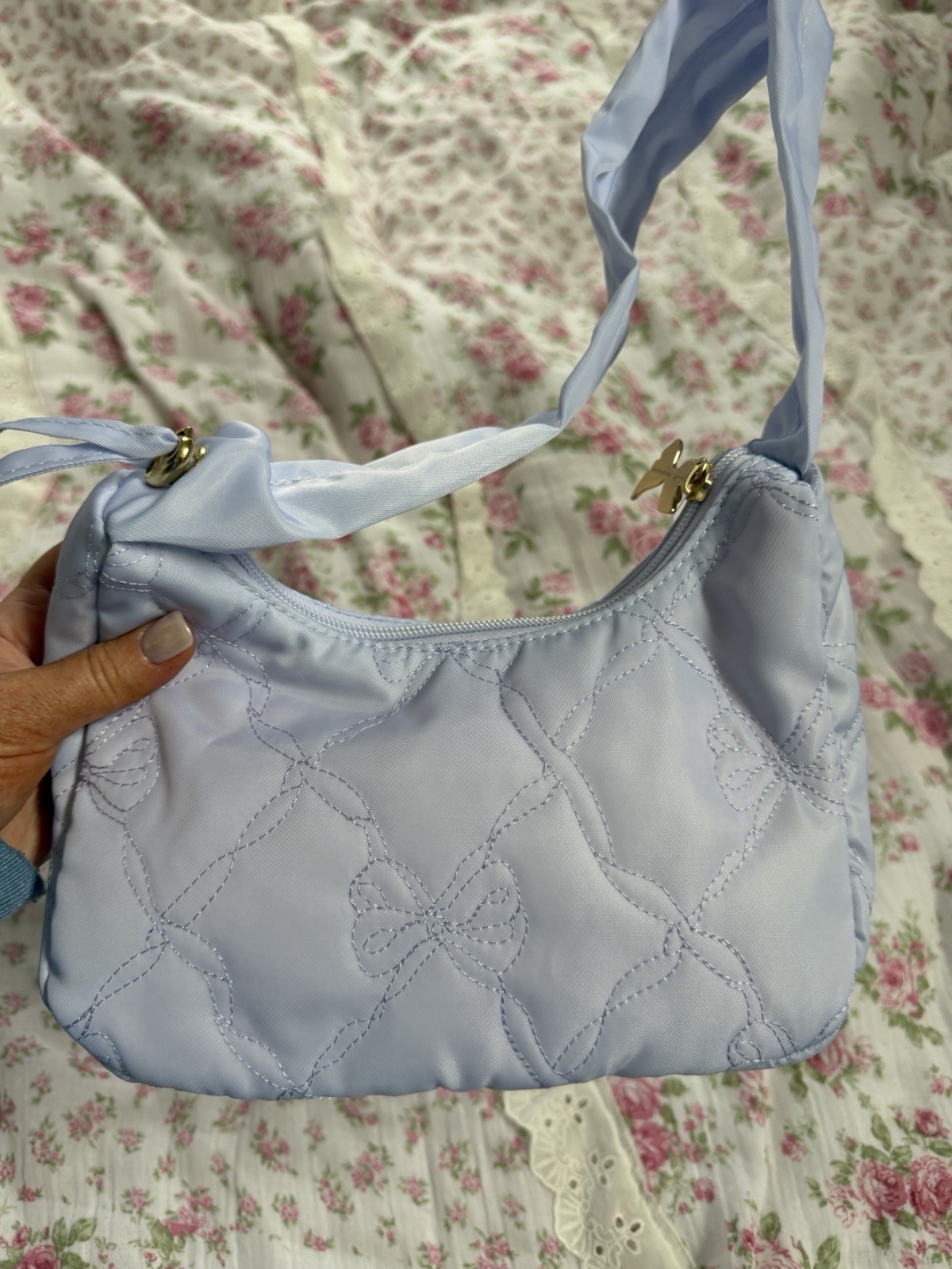 LoveShackFancy x yoobi Light Blue Quilted Shoulder Bag Gold Bow Zip, Lined