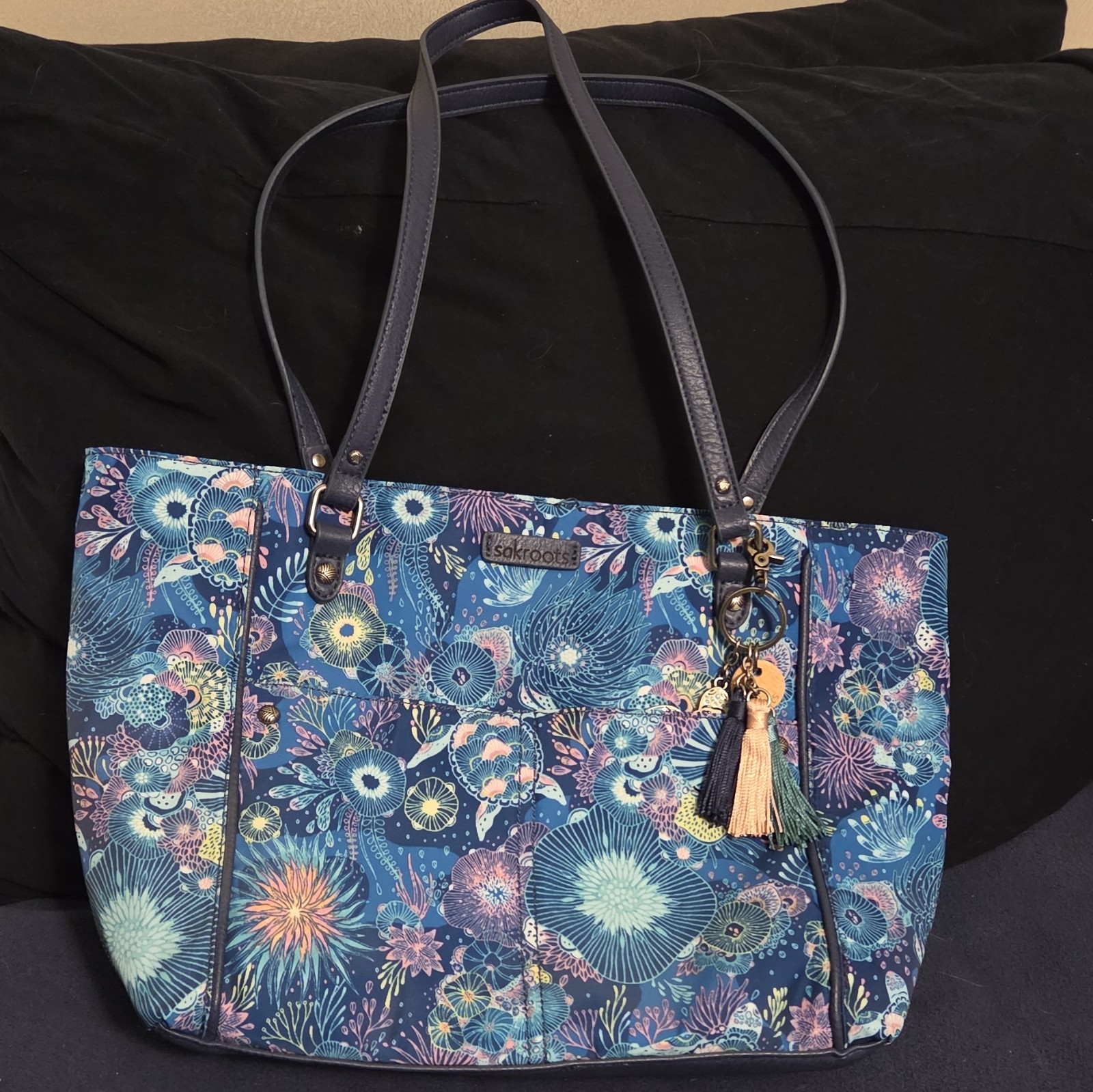Sakroots Blue Pink Green Floral Tote Double Handles Zip Top Pockets Lined Charm