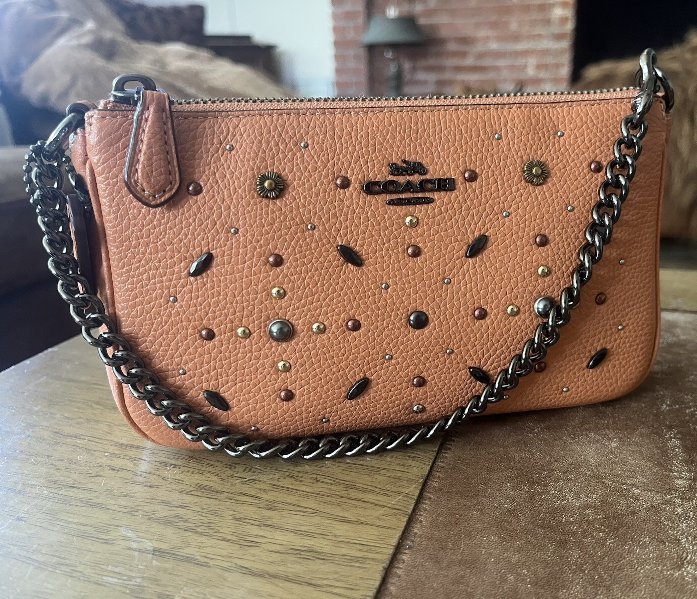 Coach Brown Pebbled Studded Zip Shoulder Bag Chain Strap Inner Pockets