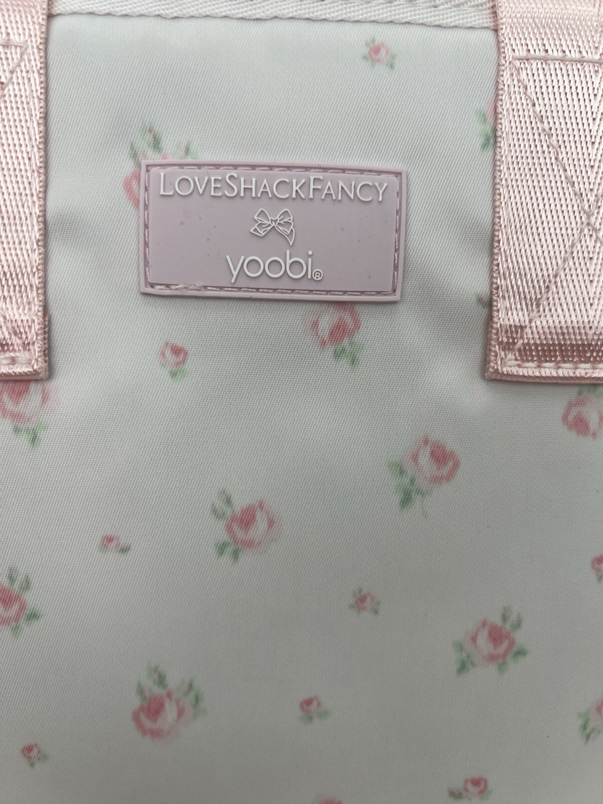 LoveShackFancy x Yoobi Floral Zip Tote Lunch Bag Bow Charm Gold Hardware Pink