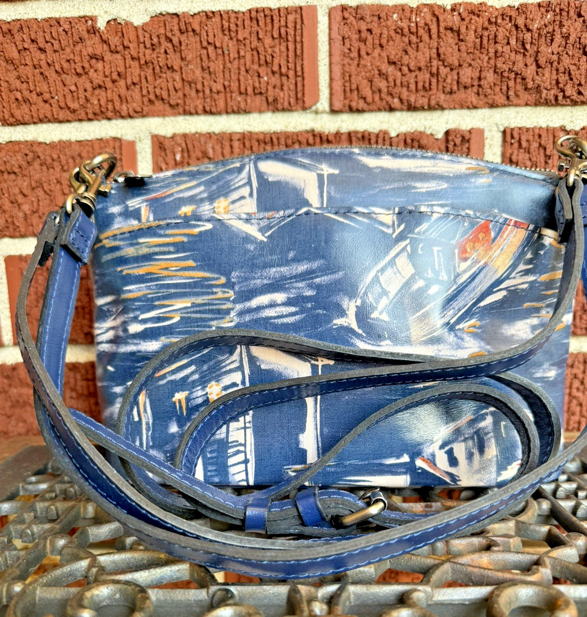 Patricia Nash Arlee Harbor Nights Leather Navy Blue Purse Bag 2 Straps