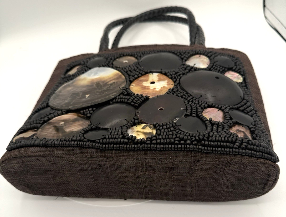 Italy Woven Abalone Handbag Chocolate Brown Wood Bead Rectangular Leather Handle