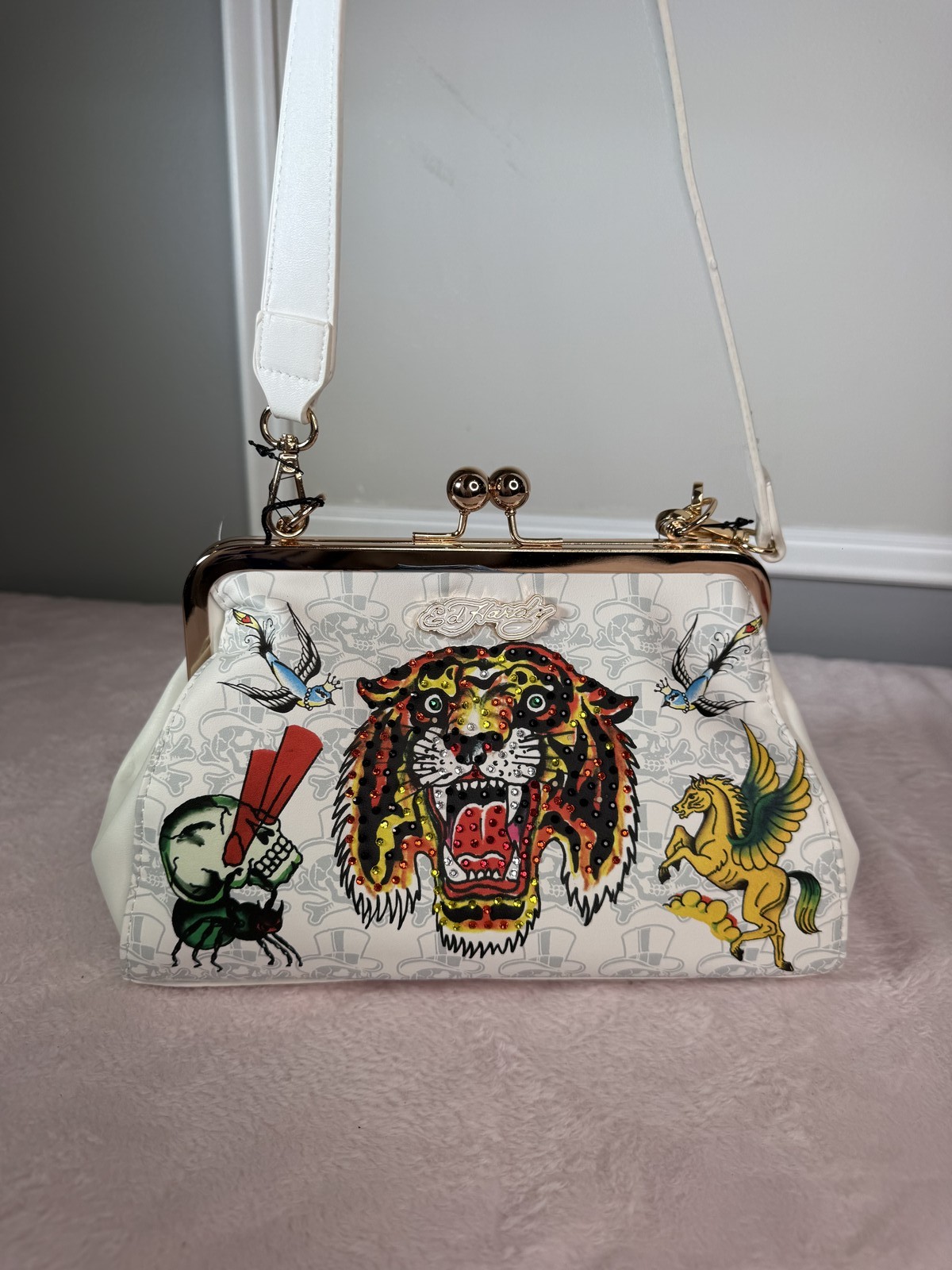 Ed Hardy White Tiger Tattoo Print Shoulder Bag