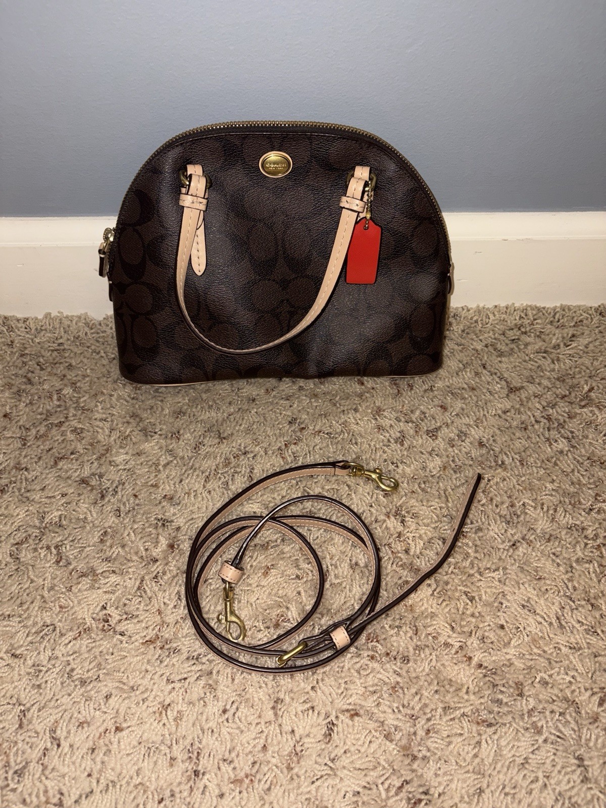 Coach Signature Brown Logo Dome Satchel Top Handle, Detachable Adjustable Strap
