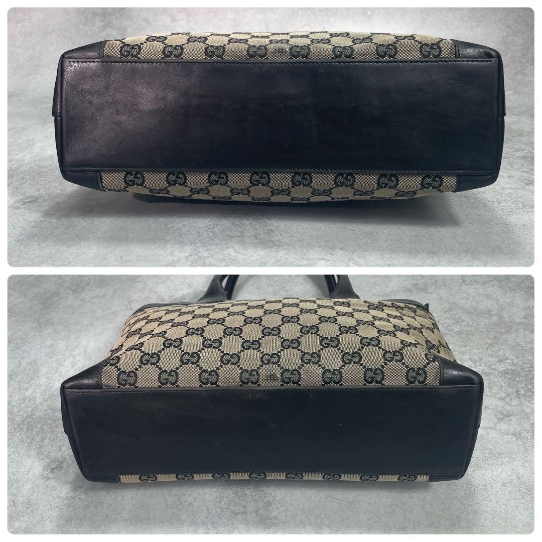 GUCCI 002.1119.1705 GG Tote Bag Black Beige Logo Canvas Leather Zip From Japan