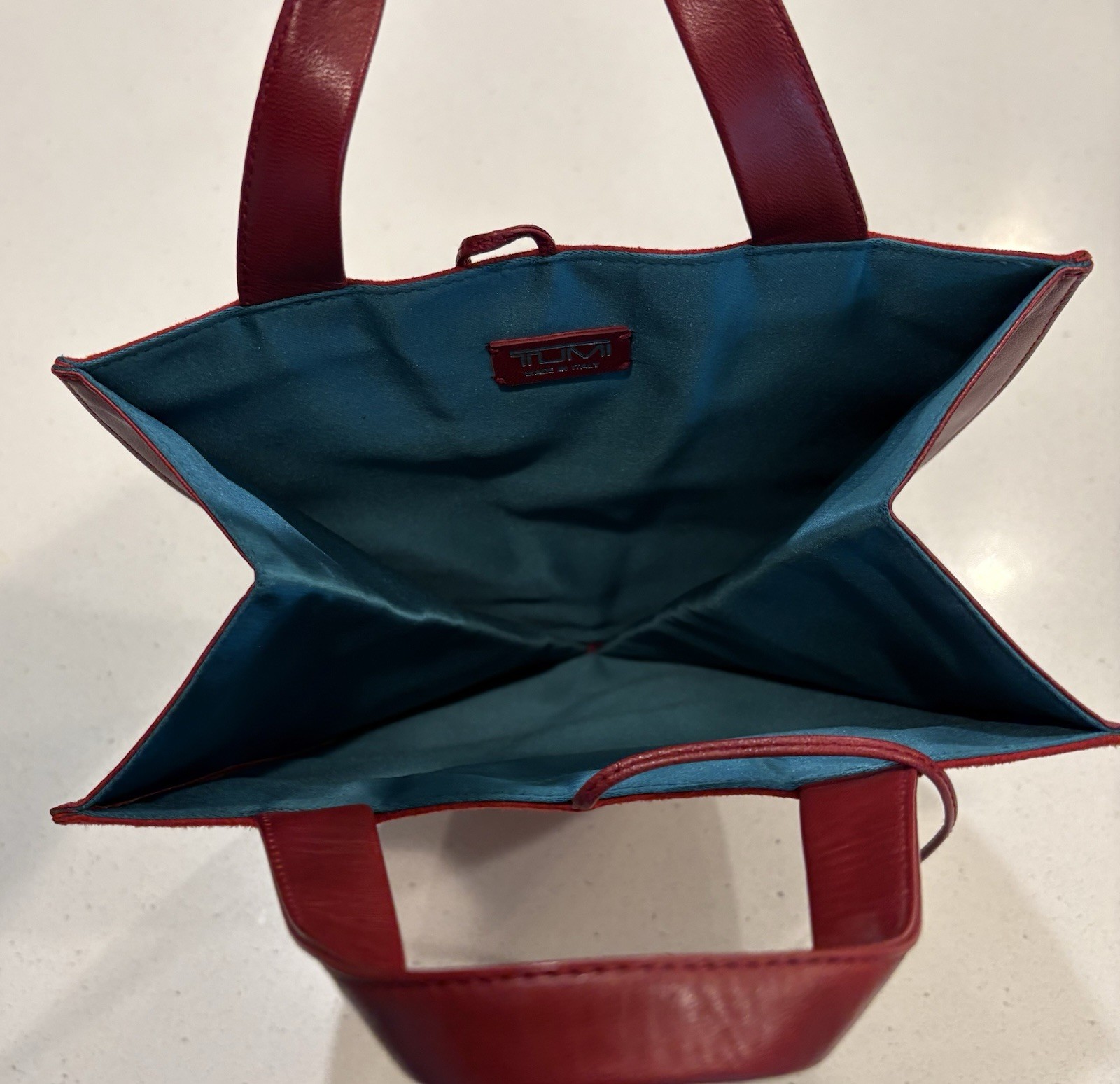 TUMI Red Suede Gusseted Mini Purse Small Tote Calfskin Leather Trim Satin Lined