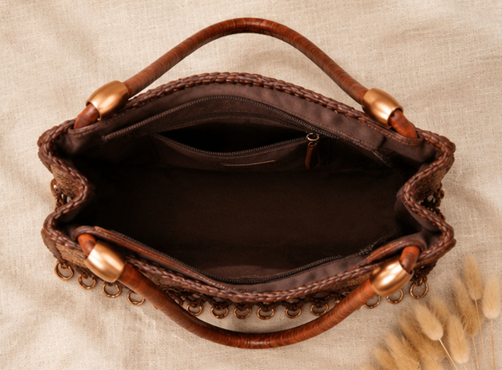Handmade Brown Floral Embroidered Tote Bag, Boho Shoulder Handbag