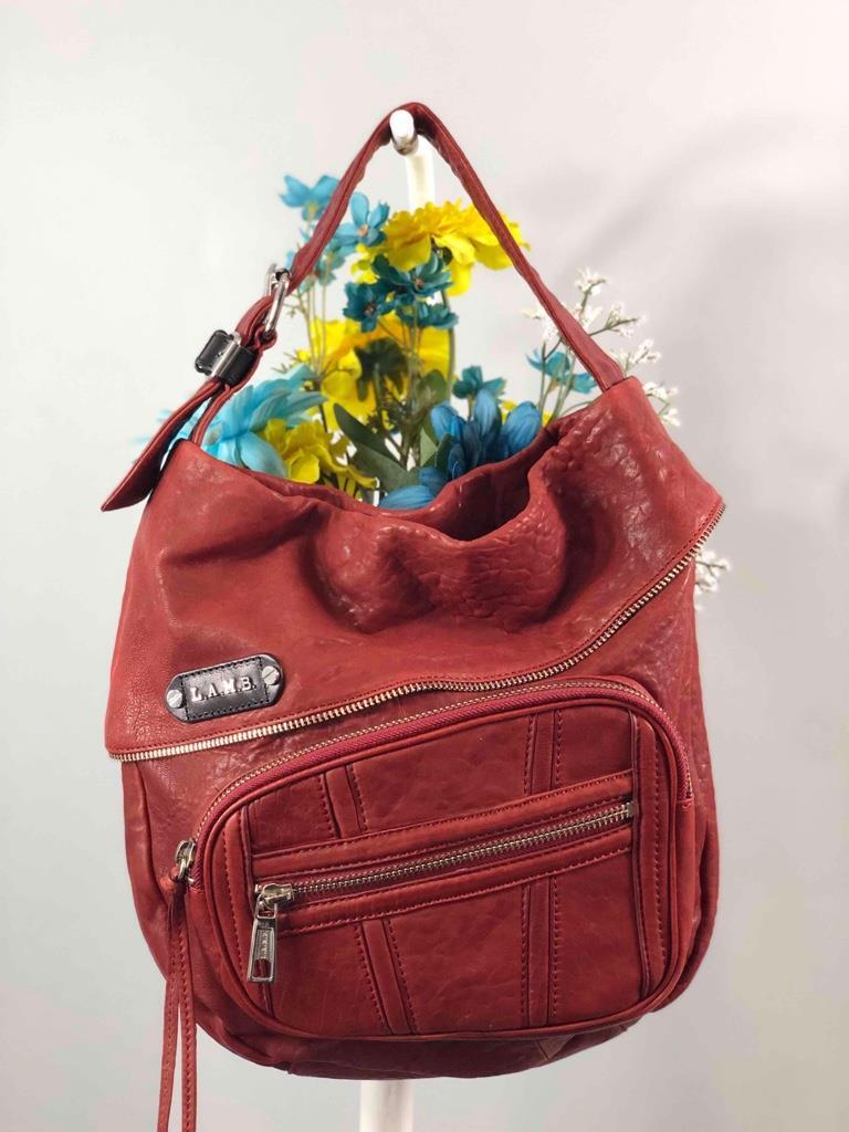 L.A.M.B. Buckle & Zipper Accent Red Leather Hobo Shoulder Bag