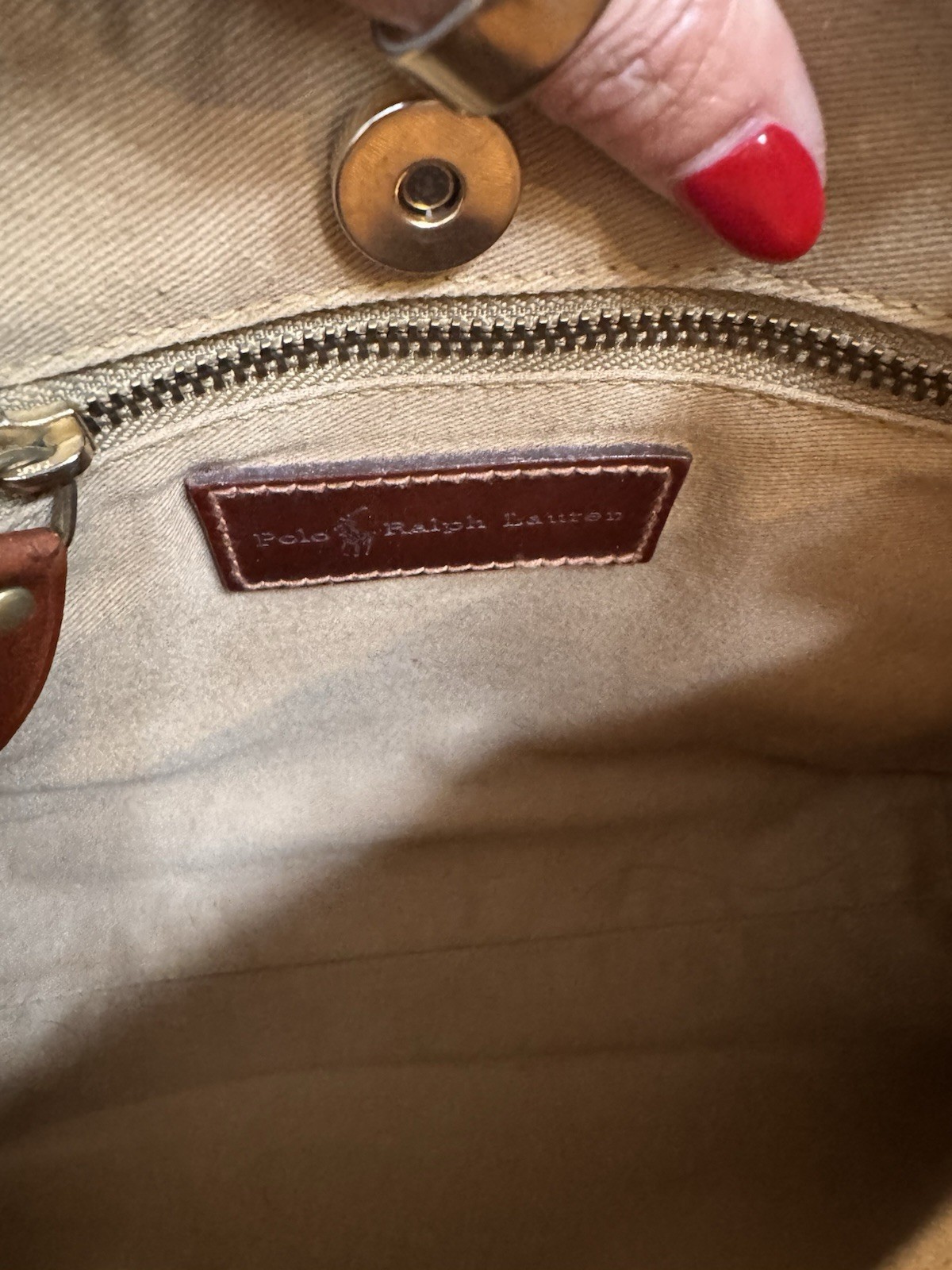 Polo Ralph Lauren Houndstooth Shoulder Bag Beige Brown Zip Gold Hardware