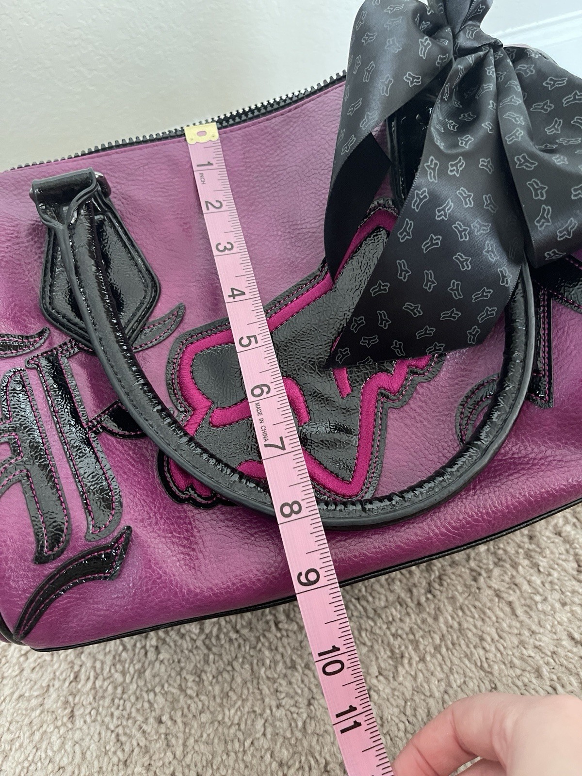 Fox Racing Y2K 90 Purple/Black Top Handle Purse, Lined, Pockets, Charm, Bow