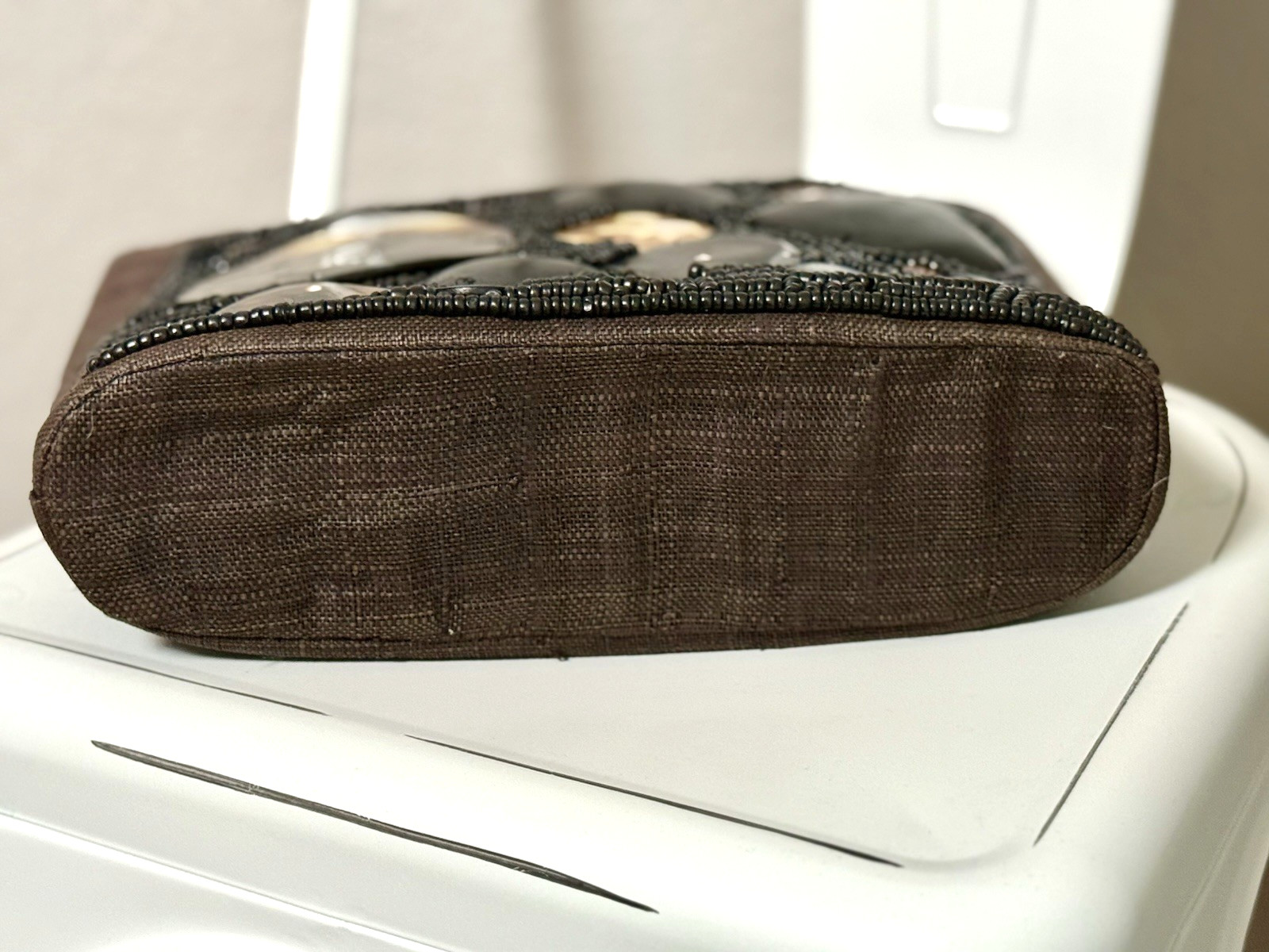 Italy Woven Abalone Handbag Chocolate Brown Wood Bead Rectangular Leather Handle
