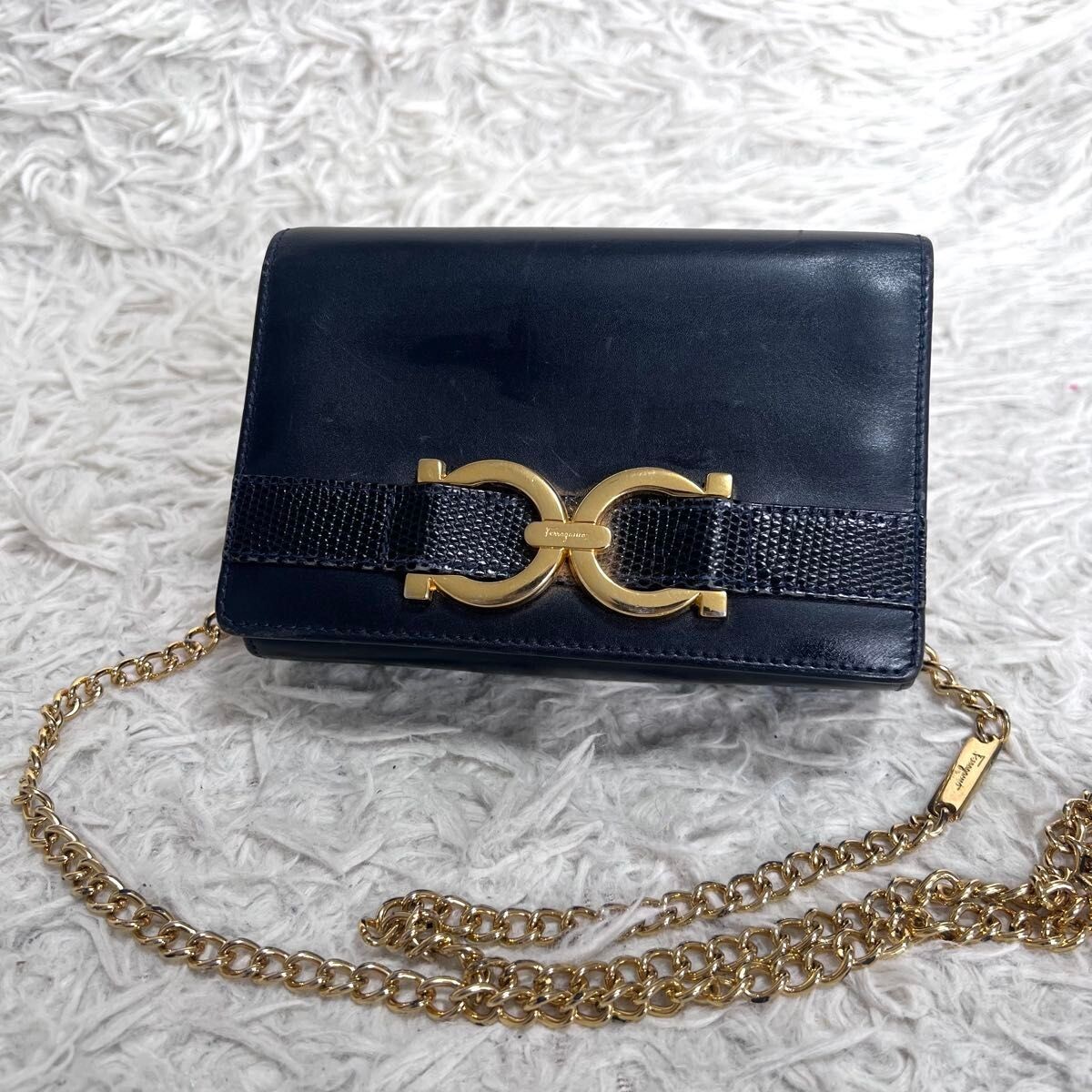 Salvatore Ferragamo Gancini Mini Shoulder Bag Black Leather Gold Italy 115cm