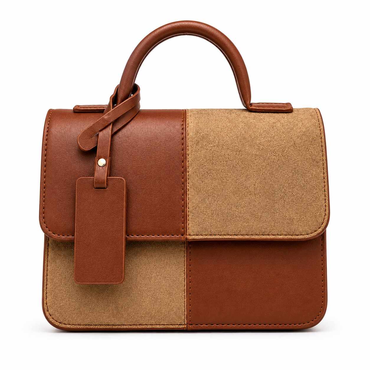 Women’s Patchwork Crossbody Shoulder Bag Textured PU Leather Flap Purse Brown