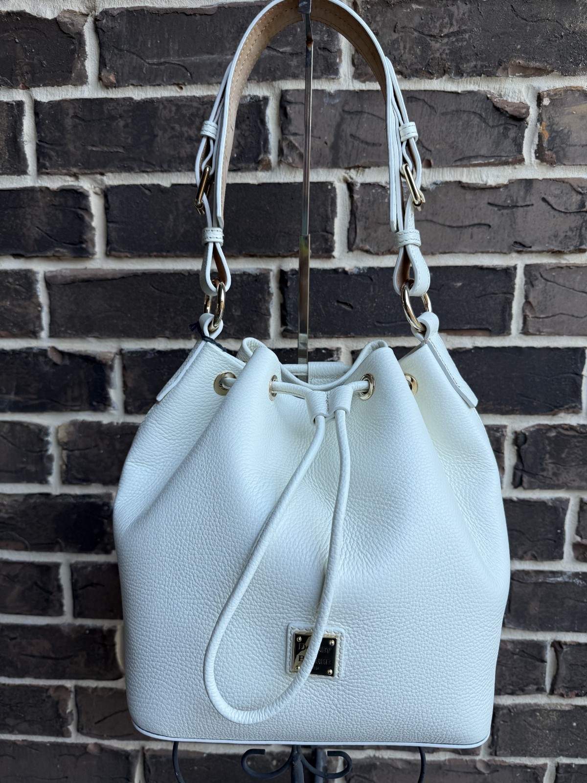 NWT Dooney & Bourke Lucca Pebble Leather Drawstring Shoulder Bucket Bag White LG