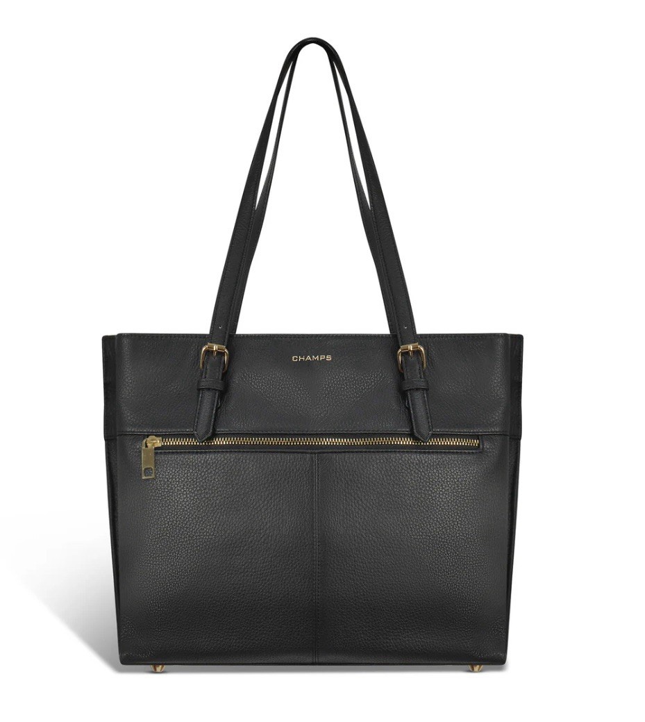 CHAMPS Black Tote Shoulder Bag RFID Protection Zip Closure Zipper Buckle Accent