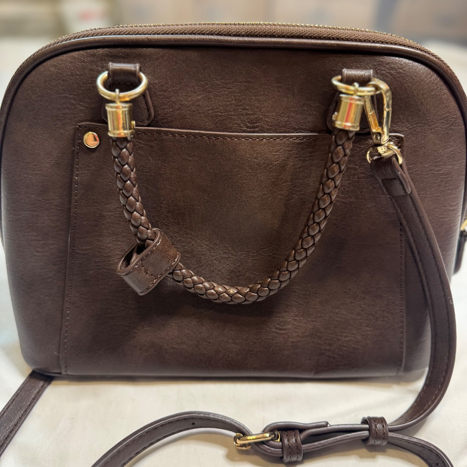 Madison West Camila Red Oxblood Satchel Faux Leather Purse Braided Handle