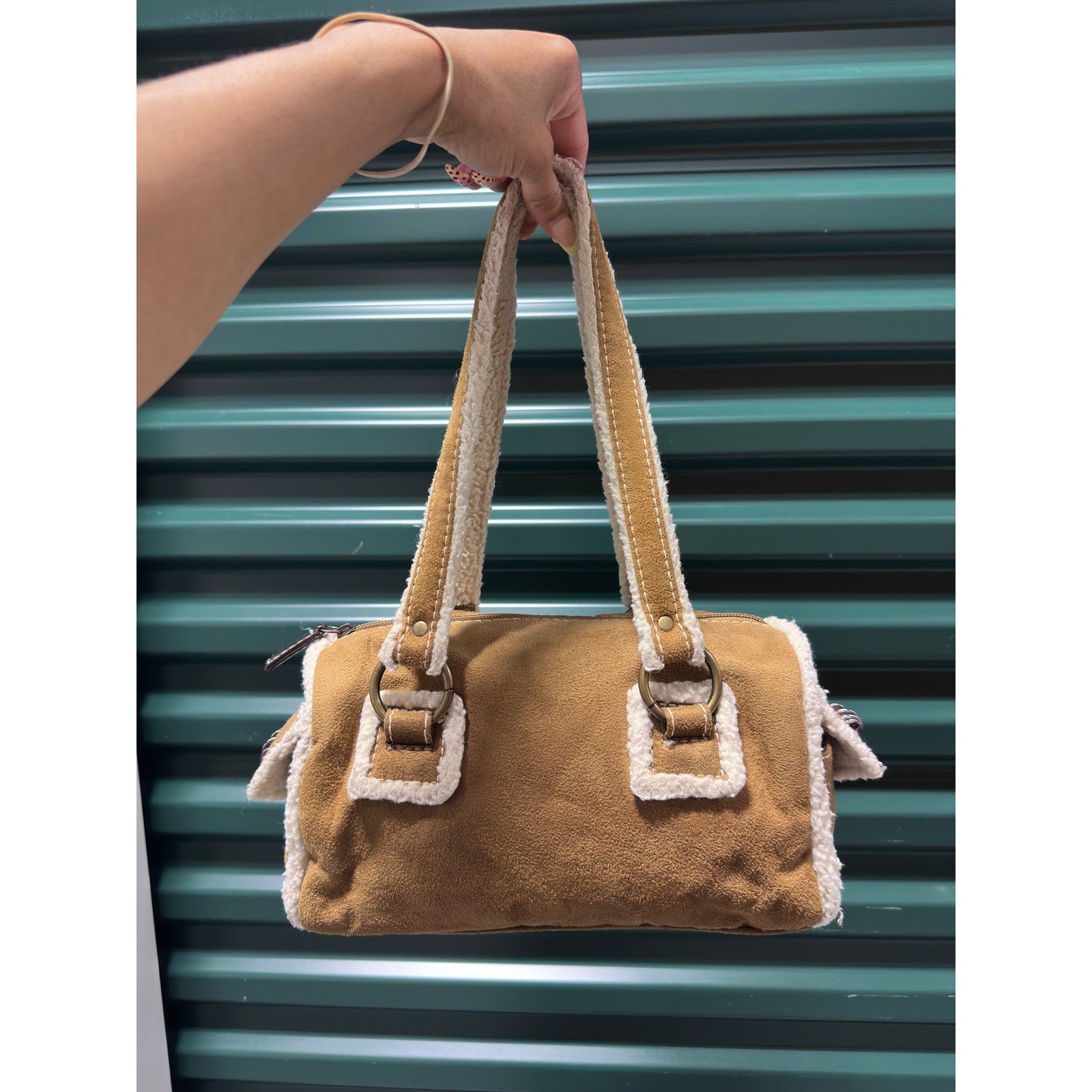 Bath and Body Works Y2K Sherpa Trim Faux Suede Barrel Shoulder Bag Tan Brown