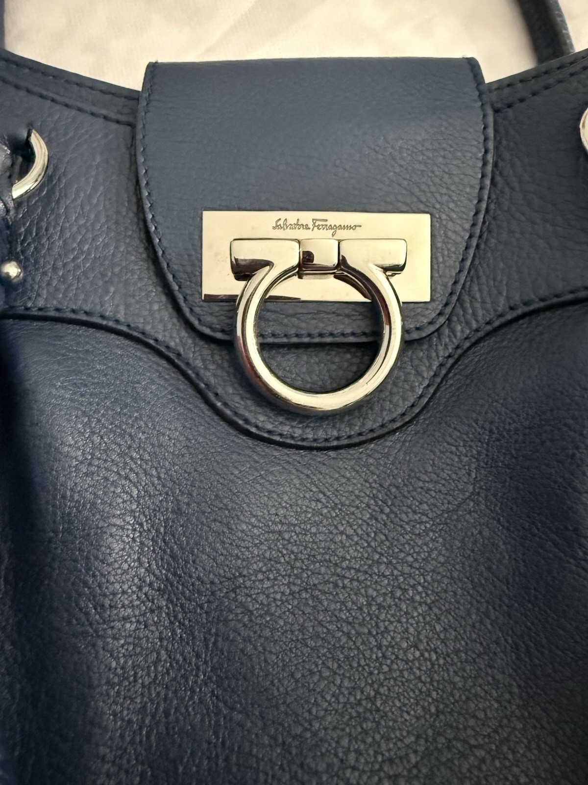 Salvatore Ferragamo Blue Pebbled Satchel Top Handle Zip Silver Hardware Buckle