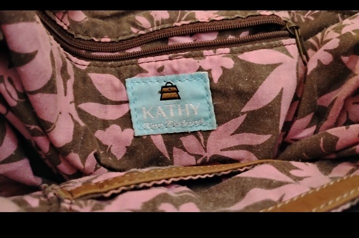 Kathy Van Zeeland Brown Pebbled Satchel Zip Studded Floral Lined Pockets